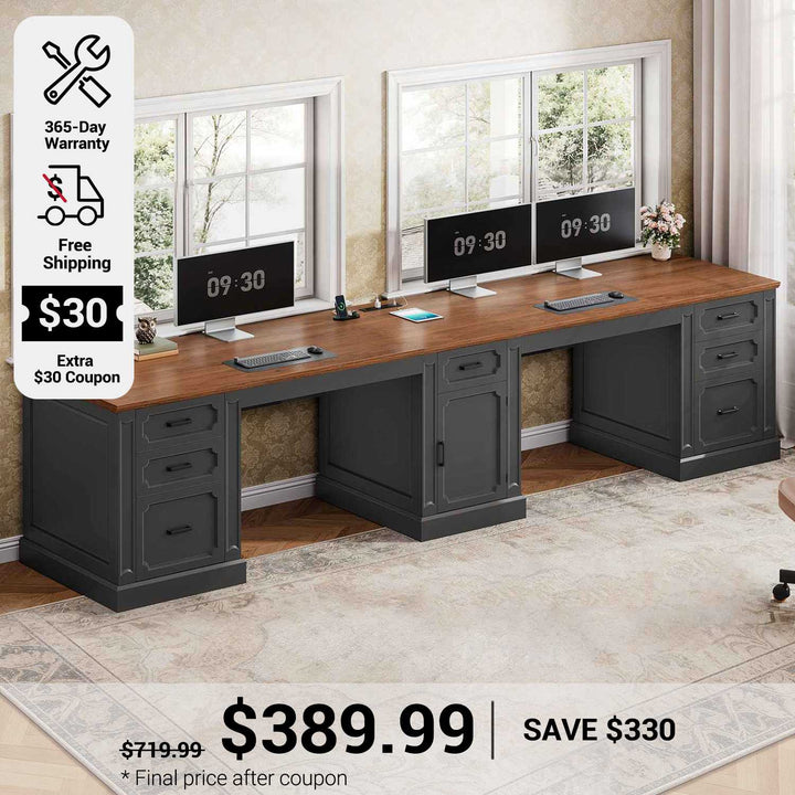 SEDETA 110.3 Inch Vintage Two Person Desk Long Farmhouse Computer Desk with Printer Stand Power Outlets 7 Drawers Large Storage Space for Home Office