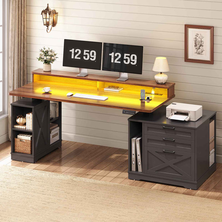 SEDETA 55 Inch Farmhouse Electric Standing Desk Height Adjustable Computer Desk Wood Home Office Desk with Power Outlets 3 Drawers File Cabinet Storage Shelves