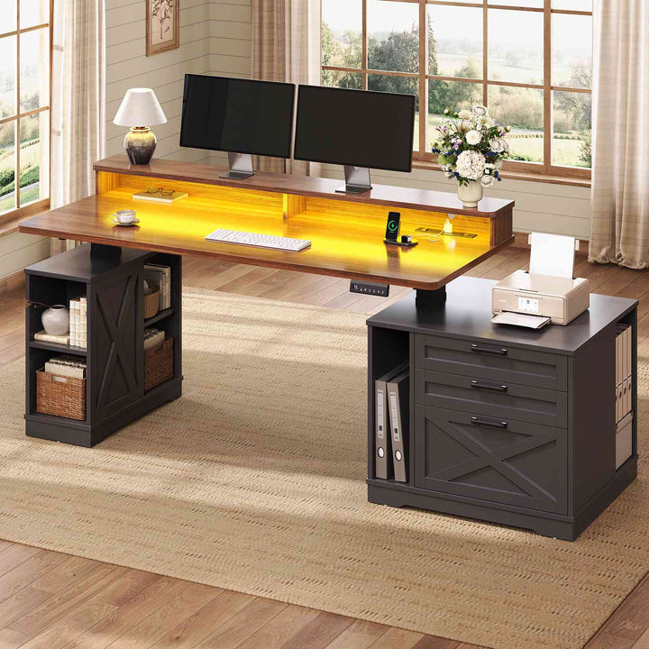 SEDETA 55 Inch Farmhouse Electric Standing Desk Height Adjustable Computer Desk Wood Home Office Desk with Power Outlets 3 Drawers File Cabinet Storage Shelves