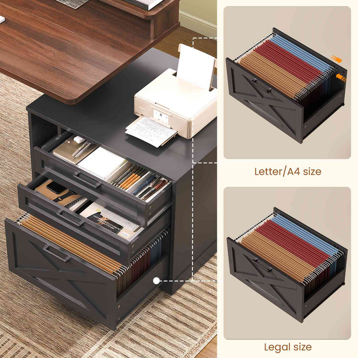 SEDETA 55 Inch Farmhouse Electric Standing Desk Height Adjustable Computer Desk Wood Home Office Desk with Power Outlets 3 Drawers File Cabinet Storage Shelves