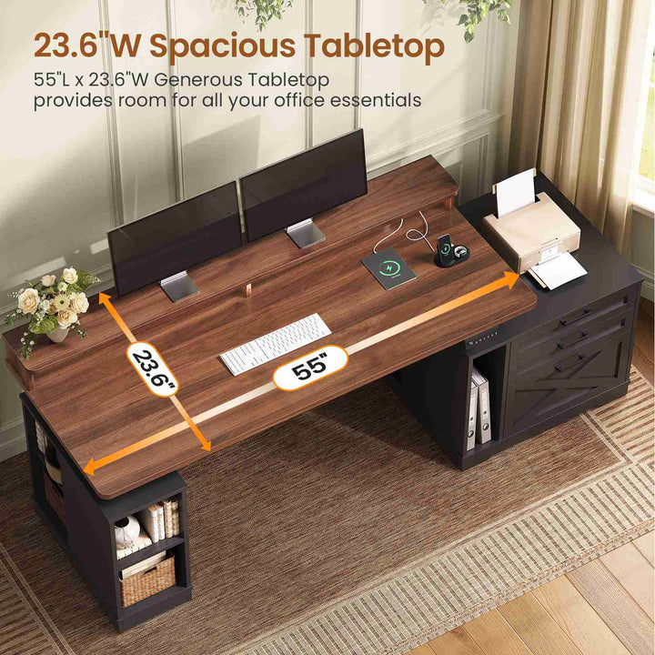 SEDETA 55 Inch Farmhouse Electric Standing Desk Height Adjustable Computer Desk Wood Home Office Desk with Power Outlets 3 Drawers File Cabinet Storage Shelves