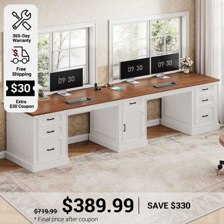 SEDETA 110.3 Inch Vintage Two Person Desk Long Farmhouse Computer Desk with Printer Stand Power Outlets 7 Drawers Large Storage Space for Home Office