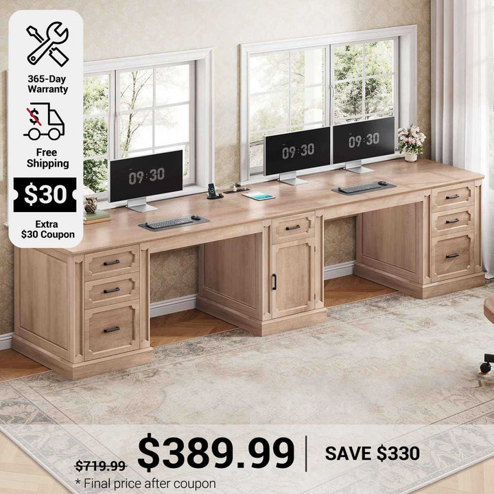 SEDETA 110.3 Inch Vintage Two Person Desk Long Farmhouse Computer Desk with Printer Stand Power Outlets 7 Drawers Large Storage Space for Home Office