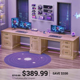 SEDETA 110.3 Inch Vintage Two Person Desk Long Farmhouse Computer Desk with Printer Stand Power Outlets 7 Drawers Large Storage Space for Home Office