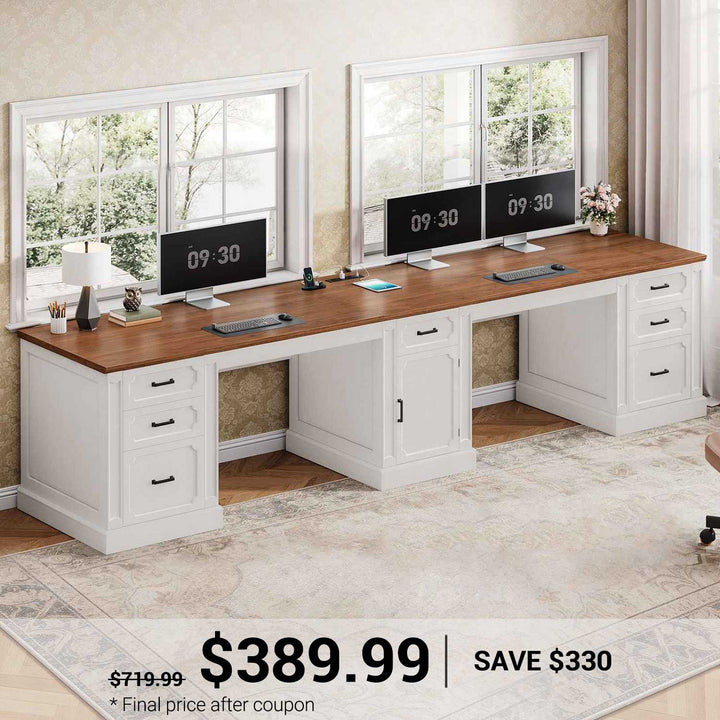 SEDETA 110.3 Inch Vintage Two Person Desk Long Farmhouse Computer Desk with Printer Stand Power Outlets 7 Drawers Large Storage Space for Home Office