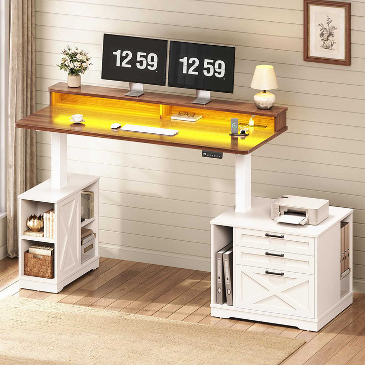 SEDETA 55 Inch Farmhouse Electric Standing Desk Height Adjustable Computer Desk Wood Home Office Desk with Power Outlets 3 Drawers File Cabinet Storage Shelves