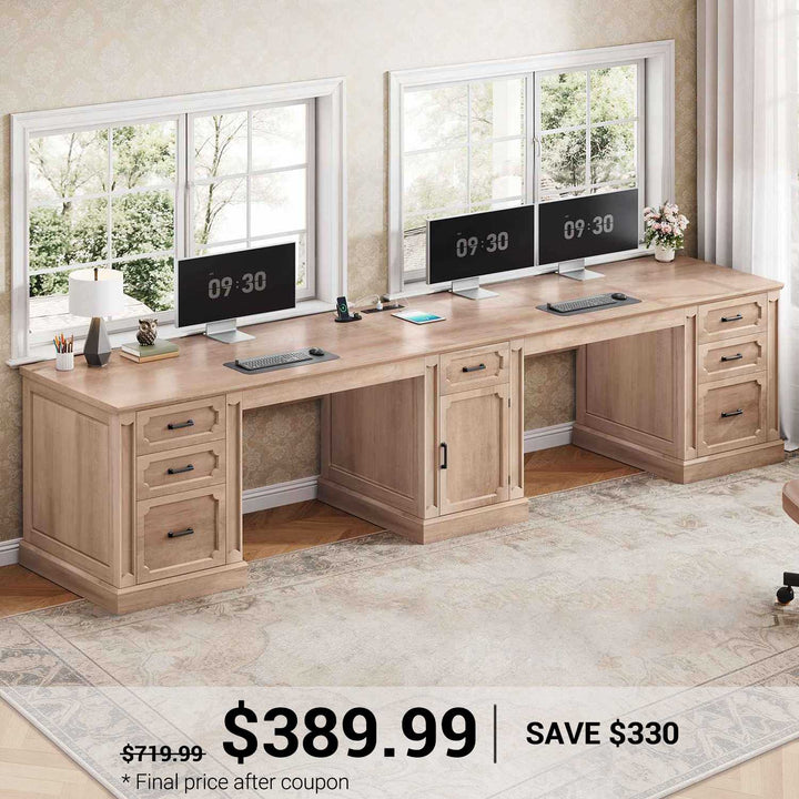 SEDETA 110.3 Inch Vintage Two Person Desk Long Farmhouse Computer Desk with Printer Stand Power Outlets 7 Drawers Large Storage Space for Home Office