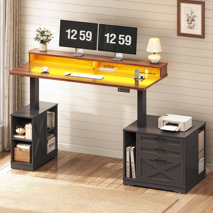 SEDETA 55 Inch Farmhouse Electric Standing Desk Height Adjustable Computer Desk Wood Home Office Desk with Power Outlets 3 Drawers File Cabinet Storage Shelves