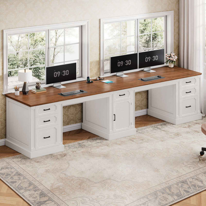 SEDETA 110.3 Inch Vintage Two Person Desk Long Farmhouse Computer Desk with Printer Stand Power Outlets 7 Drawers Large Storage Space for Home Office