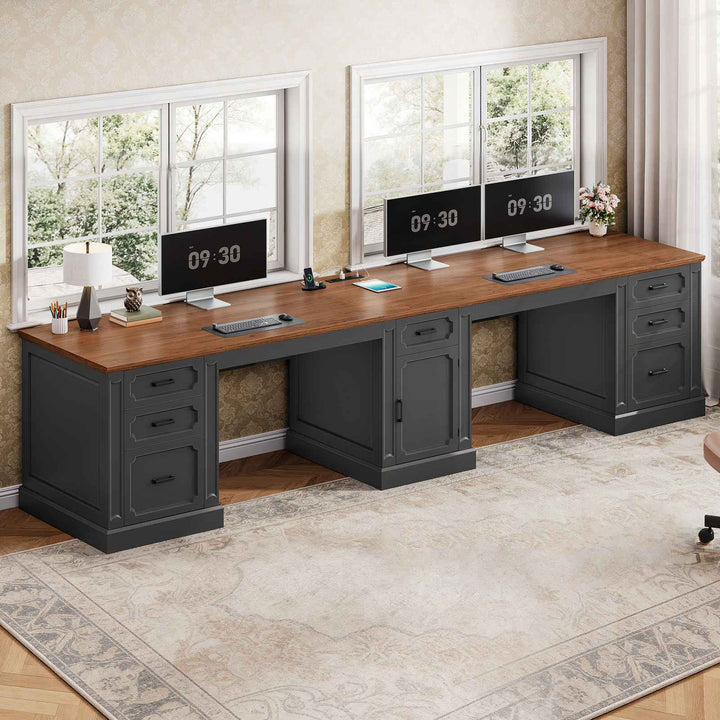 SEDETA 110.3 Inch Vintage Two Person Desk Long Farmhouse Computer Desk with Printer Stand Power Outlets 7 Drawers Large Storage Space for Home Office