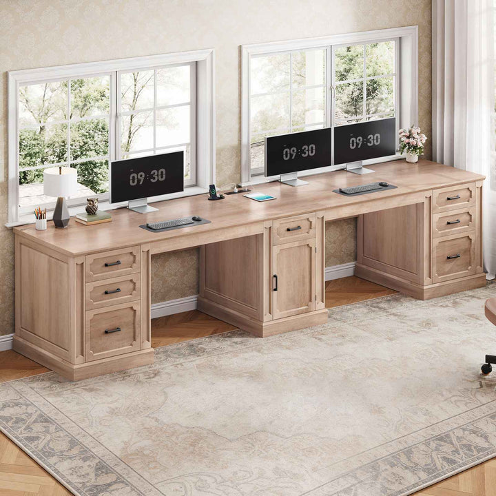 SEDETA 110.3 Inch Vintage Two Person Desk Long Farmhouse Computer Desk with Printer Stand Power Outlets 7 Drawers Large Storage Space for Home Office
