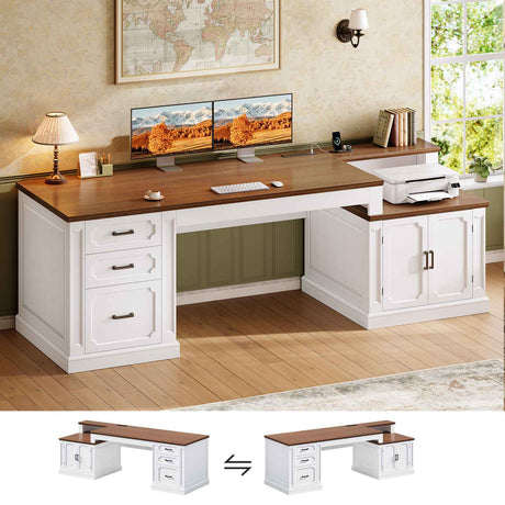 SEDETA 70.9 Inch Farmhouse Executive Desk Vintage Computer Desk Home Office with Drawers Storage Cabinet Desk Printer Stand Power Outlet