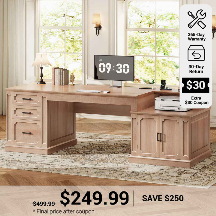 SEDETA® 70.9 Inch Vintage Computer Desk Farmhouse Executive Desk Home Office Desk with Printer Stand Power Outlet File Drawers Storage Cabinet