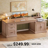 SEDETA | 70.9 Inch Farmhouse Computer Desk Vintage Home Office Executive Desk with Printer Stand Power Outlet Drawers Storage Cabinet