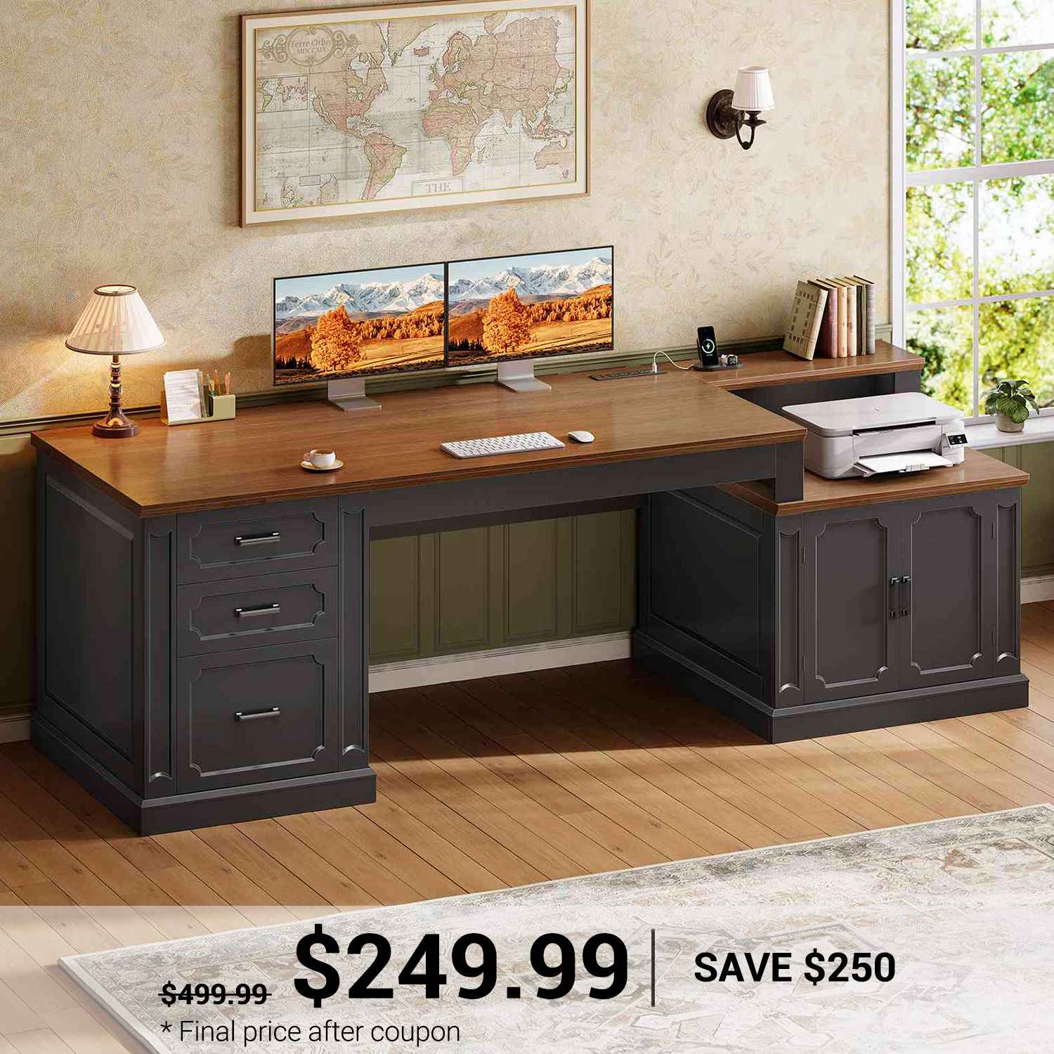 SEDETA | 70.9 Inch Farmhouse Computer Desk with Printer Stand & Outlet