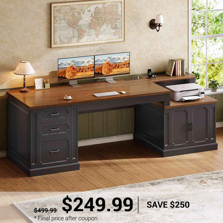 SEDETA® 70.9 Inch Vintage Computer Desk Farmhouse Executive Desk Home Office Desk with Printer Stand Power Outlet File Drawers Storage Cabinet