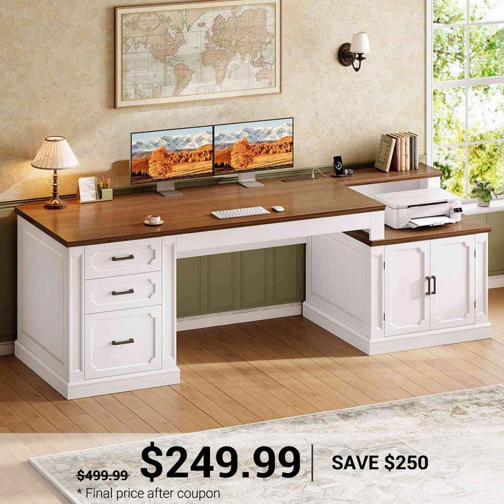 SEDETA® 70.9 Inch Vintage Computer Desk Farmhouse Executive Desk Home Office Desk with Printer Stand Power Outlet File Drawers Storage Cabinet