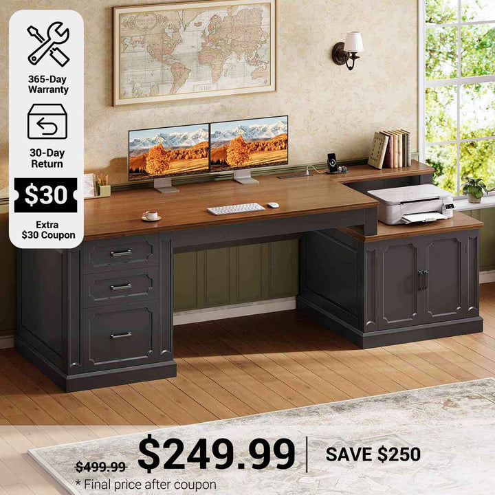 SEDETA® 70.9 Inch Vintage Computer Desk Farmhouse Executive Desk Home Office Desk with Printer Stand Power Outlet File Drawers Storage Cabinet