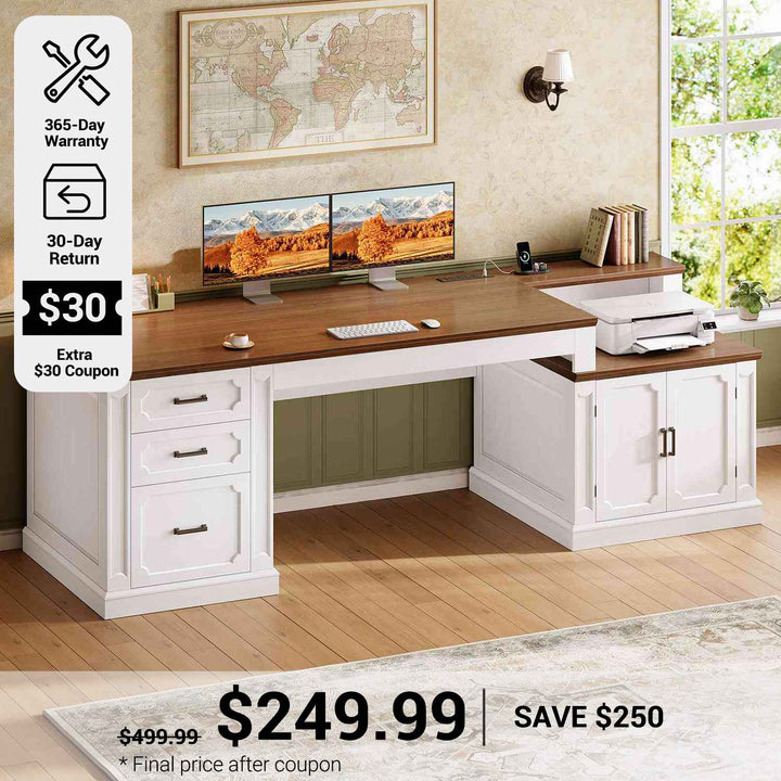 SEDETA® 70.9 Inch Vintage Computer Desk Farmhouse Executive Desk Home Office Desk with Printer Stand Power Outlet File Drawers Storage Cabinet