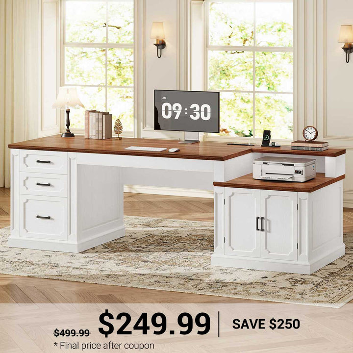 SEDETA® 70.9 Inch Vintage Computer Desk Farmhouse Executive Desk Home Office Desk with Printer Stand Power Outlet File Drawers Storage Cabinet