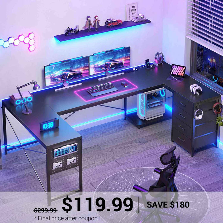 SEDETA® 67 Inch Reversible Corner Computer Desk with Power Outlet U Shaped Desk with 4 Fabric Drawers CPU Shelf L Shaped Office Desk with Pegboard