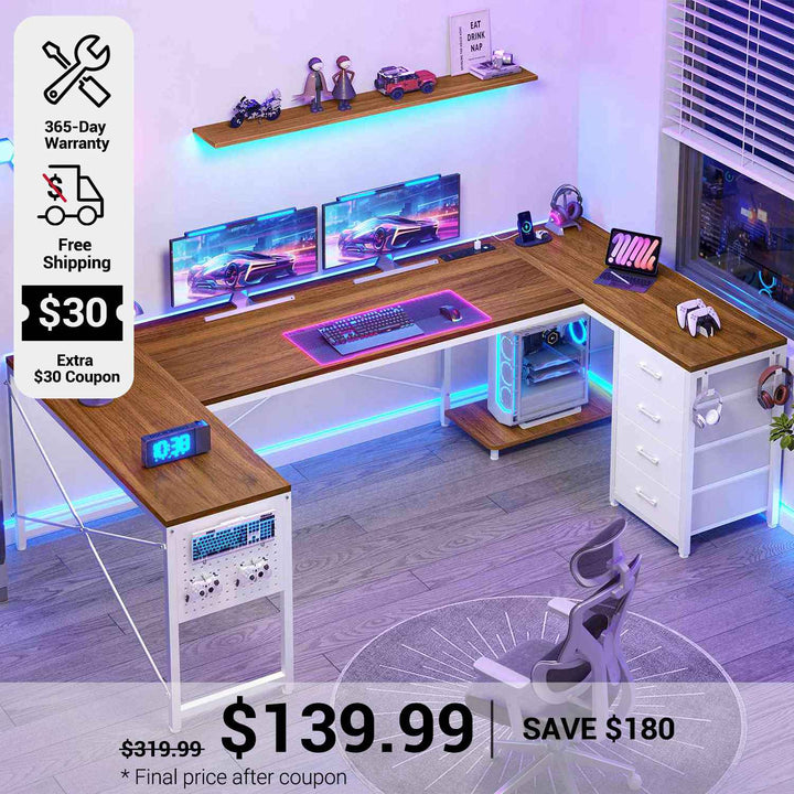 SEDETA 67 Inch U Shaped Desk with 4 Fabric Drawers Reversible Corner Computer Desk with Power Outlet CPU Shelf L Shaped Office Desk with Pegboard