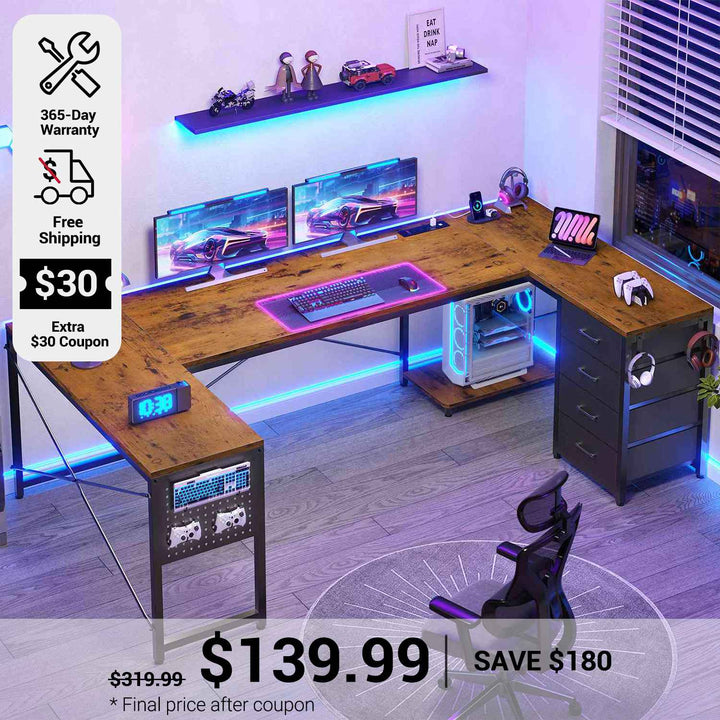 SEDETA 67 Inch U Shaped Desk with 4 Fabric Drawers Reversible Corner Computer Desk with Power Outlet CPU Shelf L Shaped Office Desk with Pegboard