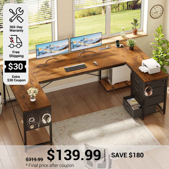 SEDETA 67 Inch U Shaped Desk with 4 Fabric Drawers Reversible Corner Computer Desk with Power Outlet CPU Shelf L Shaped Office Desk with Pegboard