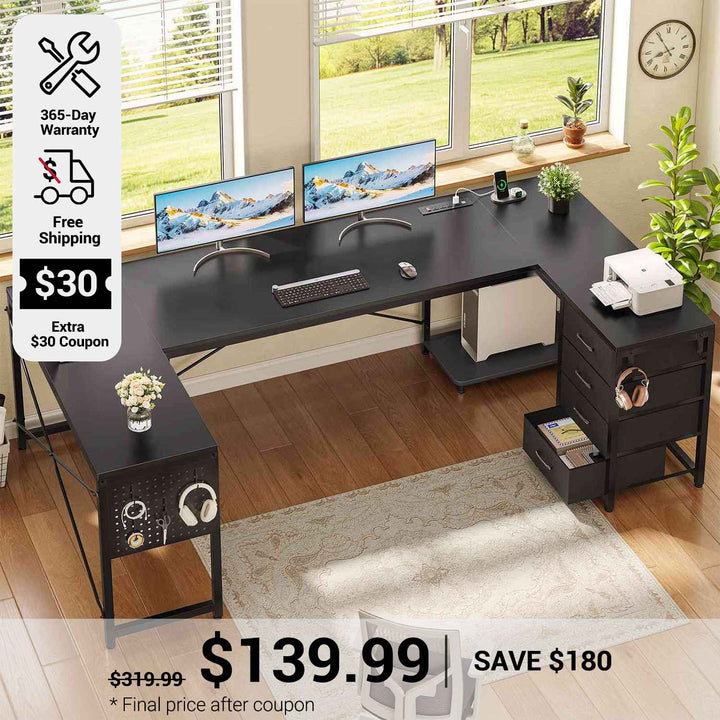 SEDETA 67 Inch U Shaped Desk with 4 Fabric Drawers Reversible Corner Computer Desk with Power Outlet CPU Shelf L Shaped Office Desk with Pegboard