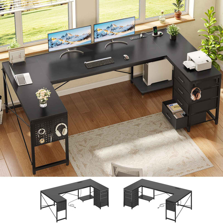 SEDETA 67 Inch U Shaped Desk with 4 Fabric Drawers Reversible Corner Computer Desk with Power Outlet CPU Shelf L Shaped Office Desk with Pegboard