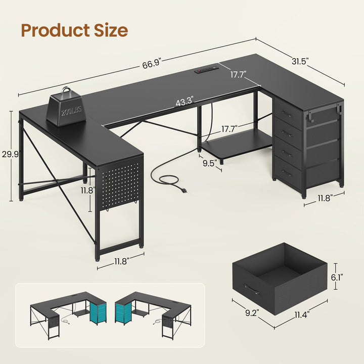 SEDETA 67 Inch U Shaped Desk with 4 Fabric Drawers Reversible Corner Computer Desk with Power Outlet CPU Shelf L Shaped Office Desk with Pegboard