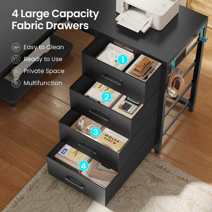 SEDETA 67 Inch U Shaped Desk with 4 Fabric Drawers Reversible Corner Computer Desk with Power Outlet CPU Shelf L Shaped Office Desk with Pegboard