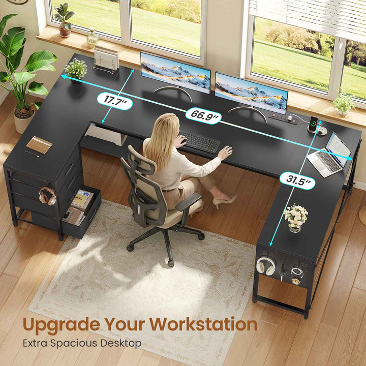 SEDETA 67 Inch U Shaped Desk with 4 Fabric Drawers Reversible Corner Computer Desk with Power Outlet CPU Shelf L Shaped Office Desk with Pegboard