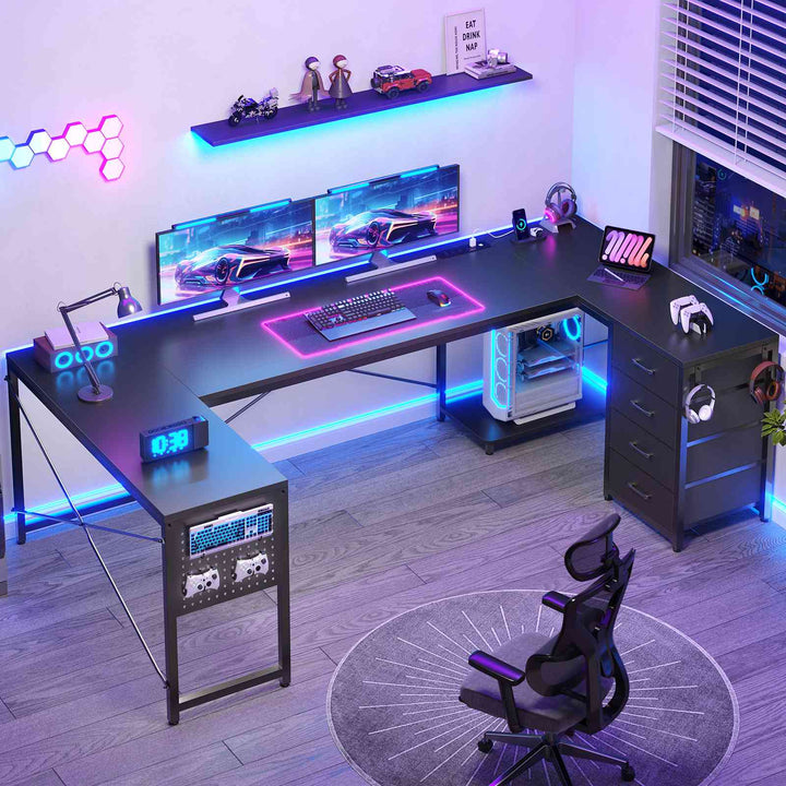 SEDETA 67 Inch U Shaped Desk with 4 Fabric Drawers Reversible Corner Computer Desk with Power Outlet CPU Shelf L Shaped Office Desk with Pegboard