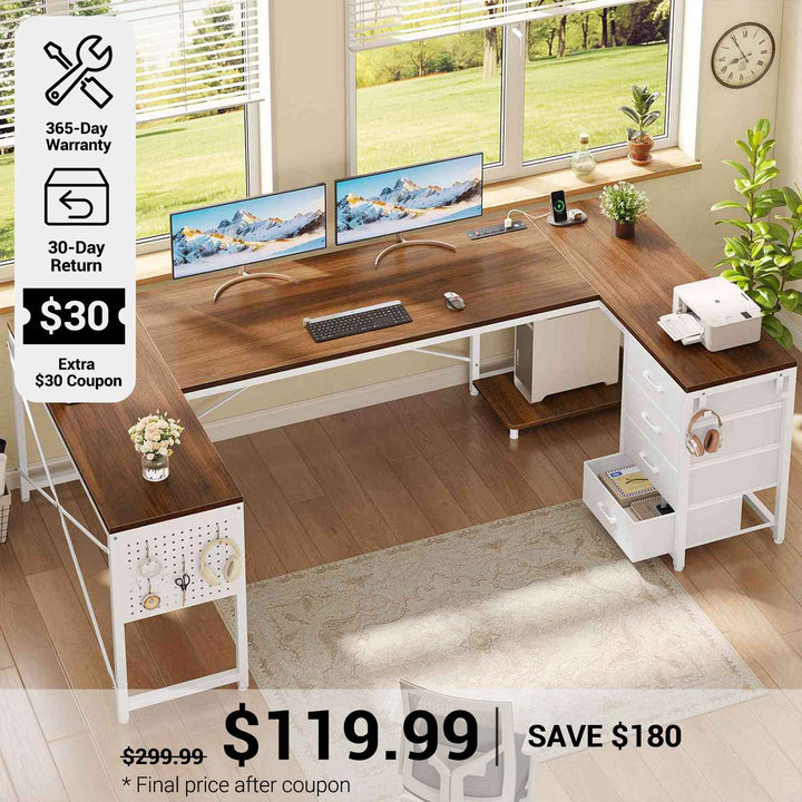 SEDETA® 67 Inch Reversible Corner Computer Desk with Power Outlet U Shaped Desk with 4 Fabric Drawers CPU Shelf L Shaped Office Desk with Pegboard