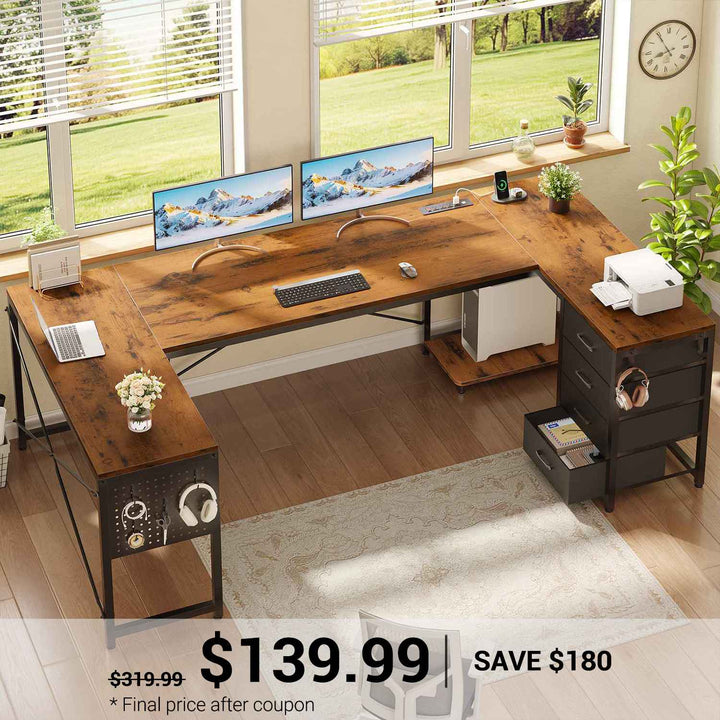 SEDETA 67 Inch U Shaped Desk with 4 Fabric Drawers Reversible Corner Computer Desk with Power Outlet CPU Shelf L Shaped Office Desk with Pegboard