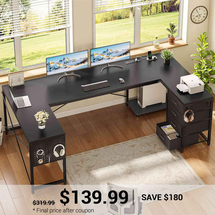 SEDETA 67 Inch U Shaped Desk with 4 Fabric Drawers Reversible Corner Computer Desk with Power Outlet CPU Shelf L Shaped Office Desk with Pegboard