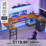 SEDETA® 67 Inch Reversible Corner Computer Desk with Power Outlet U Shaped Desk with 4 Fabric Drawers CPU Shelf L Shaped Office Desk with Pegboard