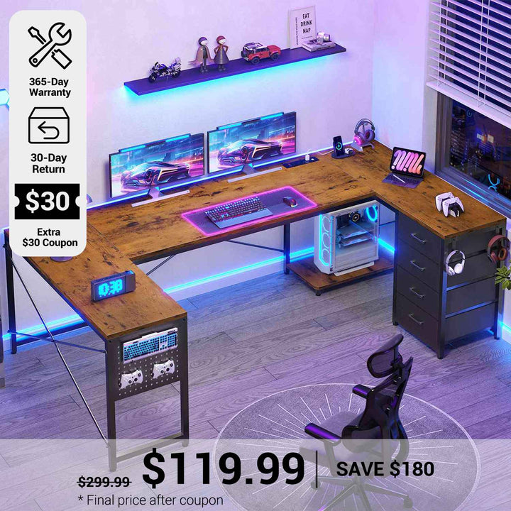 SEDETA® 67 Inch Reversible Corner Computer Desk with Power Outlet U Shaped Desk with 4 Fabric Drawers CPU Shelf L Shaped Office Desk with Pegboard