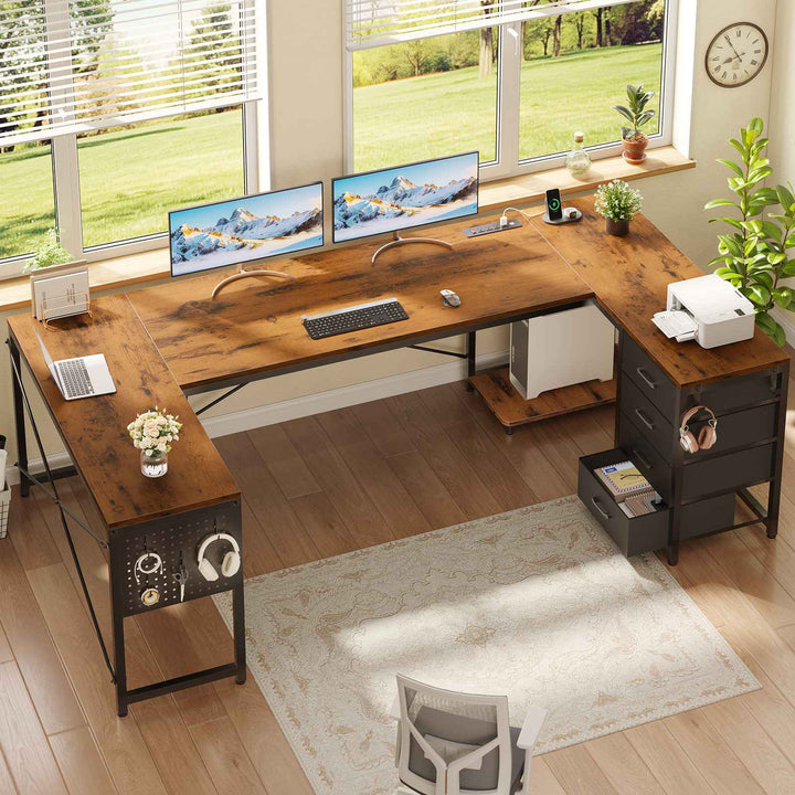 SEDETA 67 Inch U Shaped Desk with 4 Fabric Drawers Reversible Corner Computer Desk with Power Outlet CPU Shelf L Shaped Office Desk with Pegboard