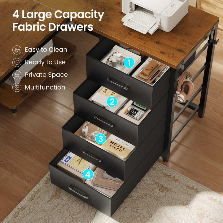 SEDETA 67 Inch U Shaped Desk with 4 Fabric Drawers Reversible Corner Computer Desk with Power Outlet CPU Shelf L Shaped Office Desk with Pegboard