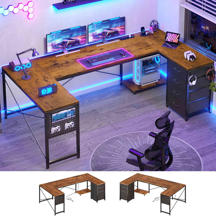 SEDETA 67 Inch U Shaped Desk with 4 Fabric Drawers Reversible Corner Computer Desk with Power Outlet CPU Shelf L Shaped Office Desk with Pegboard