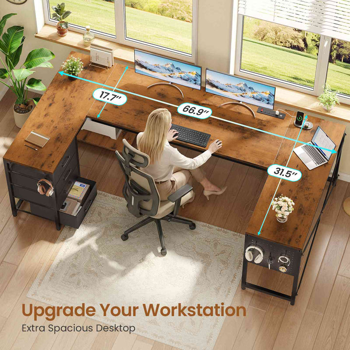 SEDETA 67 Inch U Shaped Desk with 4 Fabric Drawers Reversible Corner Computer Desk with Power Outlet CPU Shelf L Shaped Office Desk with Pegboard