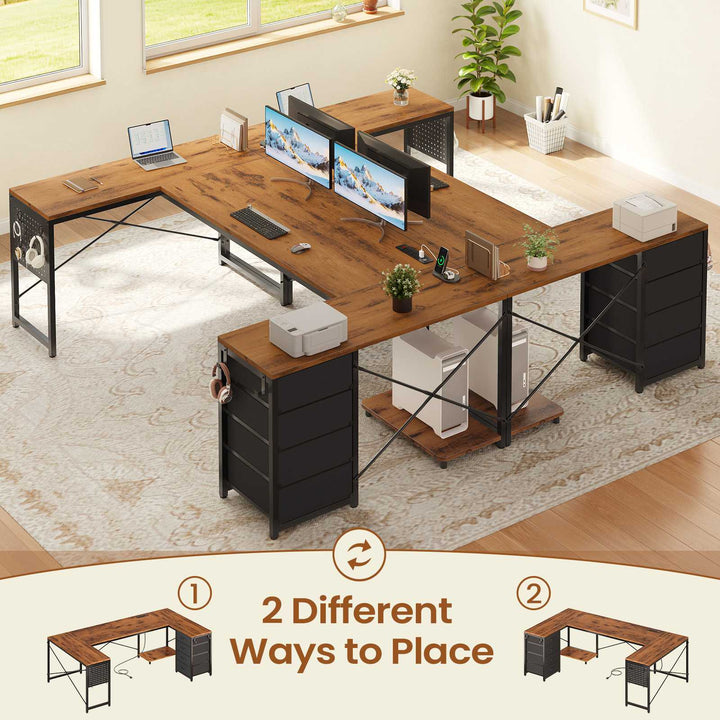 SEDETA 67 Inch U Shaped Desk with 4 Fabric Drawers Reversible Corner Computer Desk with Power Outlet CPU Shelf L Shaped Office Desk with Pegboard