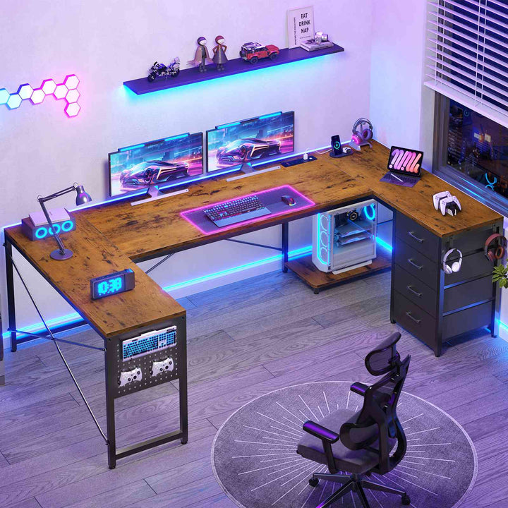 SEDETA 67 Inch U Shaped Desk with 4 Fabric Drawers Reversible Corner Computer Desk with Power Outlet CPU Shelf L Shaped Office Desk with Pegboard