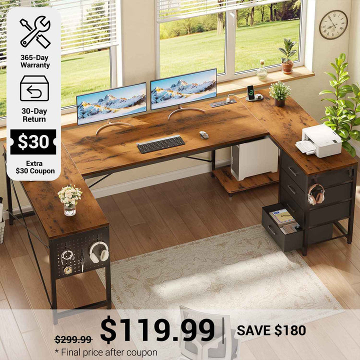 SEDETA® 67 Inch Reversible Corner Computer Desk with Power Outlet U Shaped Desk with 4 Fabric Drawers CPU Shelf L Shaped Office Desk with Pegboard