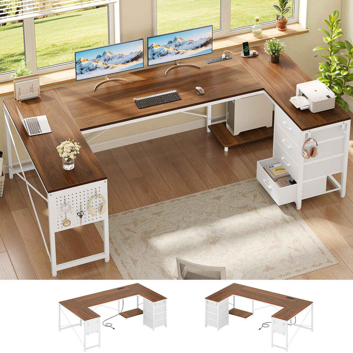 SEDETA 67 Inch U Shaped Desk with 4 Fabric Drawers Reversible Corner Computer Desk with Power Outlet CPU Shelf L Shaped Office Desk with Pegboard