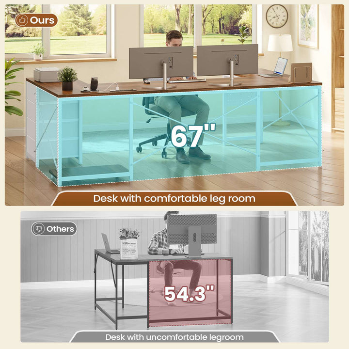 SEDETA 67 Inch U Shaped Desk with 4 Fabric Drawers Reversible Corner Computer Desk with Power Outlet CPU Shelf L Shaped Office Desk with Pegboard