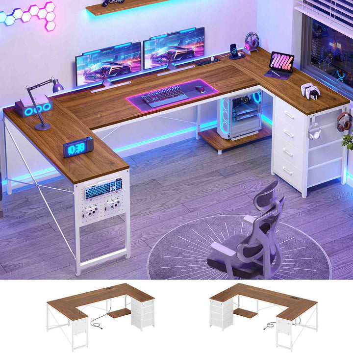 SEDETA 67 Inch U Shaped Desk with 4 Fabric Drawers Reversible Corner Computer Desk with Power Outlet CPU Shelf L Shaped Office Desk with Pegboard