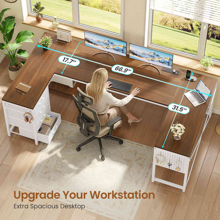 SEDETA 67 Inch U Shaped Desk with 4 Fabric Drawers Reversible Corner Computer Desk with Power Outlet CPU Shelf L Shaped Office Desk with Pegboard